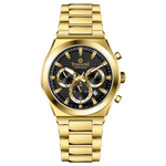 Branded wrist watch for men in pakistan. A gold-colored stainless steel watch with multicolor accents, featuring a chronograph display.