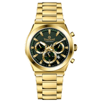 Branded wrist watch for men in pakistan. A gold-colored stainless steel watch with multicolor accents, featuring a chronograph display.