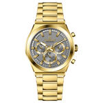 Branded wrist watch for men in pakistan. A gold-colored stainless steel watch with a white dial and multicolor accents, featuring a chronograph display.