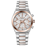 Branded wrist watch for men in pakistan. A silver and rose gold stainless steel watch with a chronograph dial and a bracelet strap.