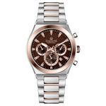 Branded wrist watch for men in pakistan. A silver and rose gold stainless steel watch with a chronograph dial and a bracelet strap.