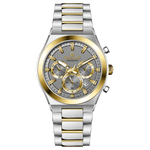 Branded wrist watches for men in pakistan. A silver and gold stainless steel chronograph watch with a two-tone band and a white dial with gold accents.