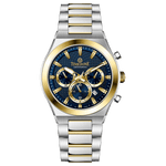 Branded wrist watches for men in pakistan. A silver and gold stainless steel chronograph watch with a two-tone band and a white dial with gold accents.