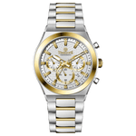 Branded wrist watches for men in pakistan. A silver and gold stainless steel chronograph watch with a two-tone band and a white dial with gold accents.