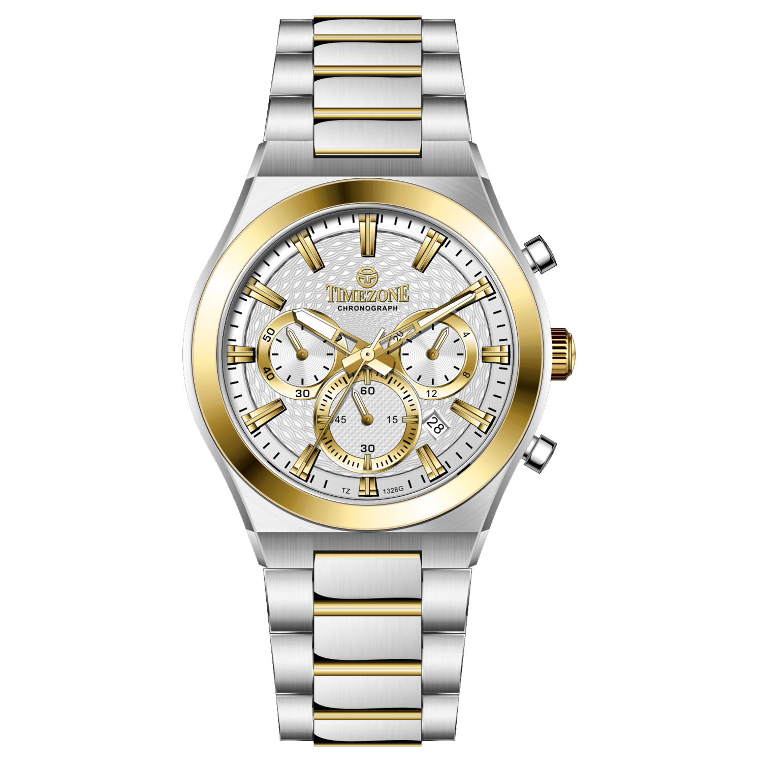 Branded wrist watches for men in pakistan. A silver and gold stainless steel chronograph watch with a two-tone band and a white dial with gold accents.