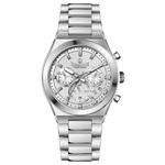 Branded wrist watch for men in pakistan. A silver-colored stainless steel watch with a chronograph dial and a bracelet strap.