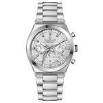 Branded wrist watch for men in pakistan. A silver-colored stainless steel watch with a chronograph dial and a bracelet strap.