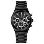 Branded wrist watch for men in pakistan. A black analog watch with a stainless steel band and a chronograph dial.