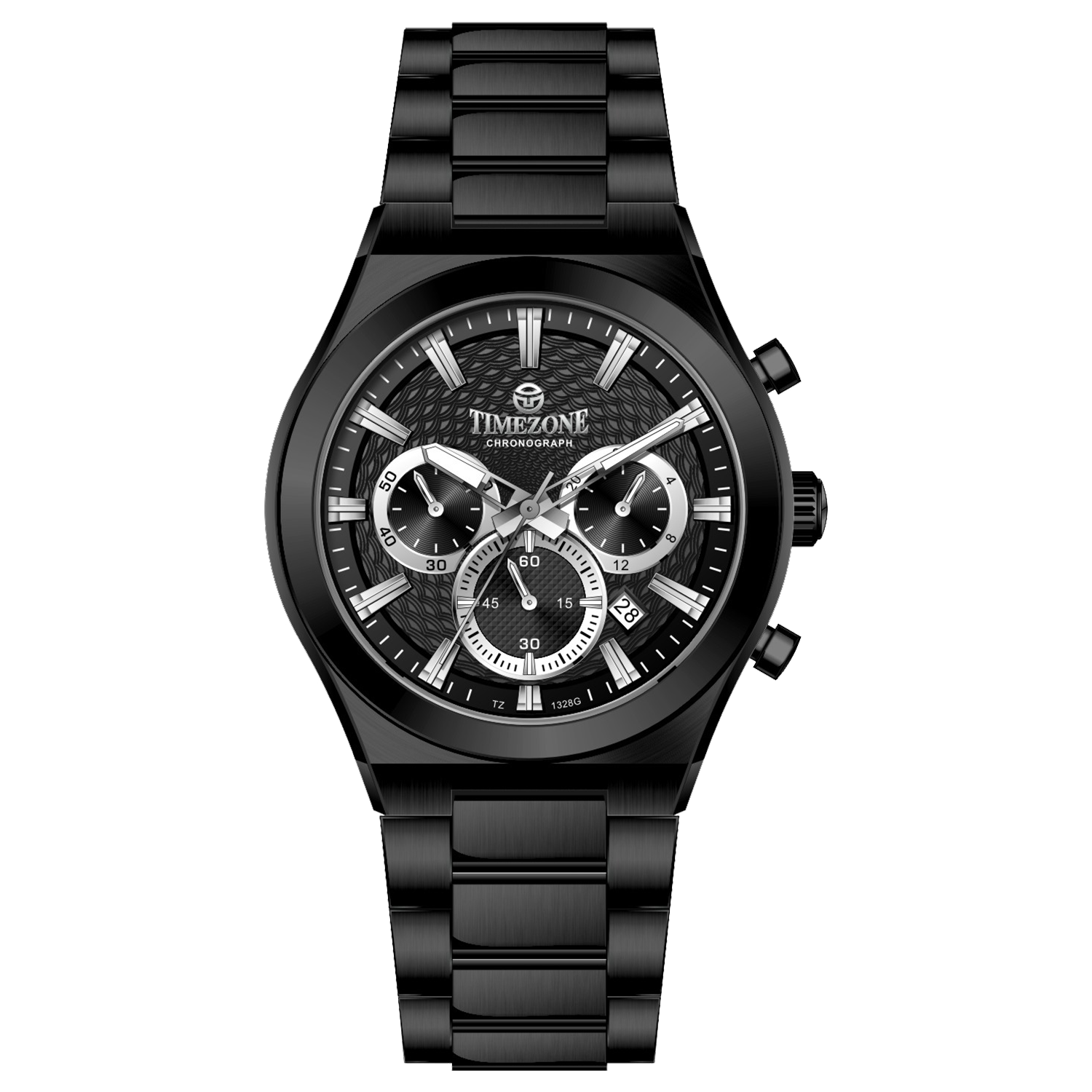 Branded wrist watch for men in pakistan. A black analog watch with a stainless steel band and a chronograph dial.