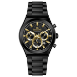 Branded wrist watch for men in pakistan. A black analog watch with a stainless steel band and a chronograph dial.