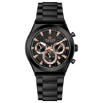 Branded wrist watch for men in pakistan. A black analog watch with a stainless steel band and a chronograph dial.