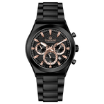 Branded wrist watch for men in pakistan. A black analog watch with a stainless steel band and a chronograph dial.