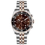 A stainless steel timezone watch with a silver dial, rose gold hands and a rose gold band. Discover timezone watches: elegant branded wrist watches for men in pakistan.