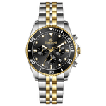 A TIMEZONE branded watch with a stainless steel band and a black dial featuring black accents and gold accents. The watch has a chronograph function and a date display.