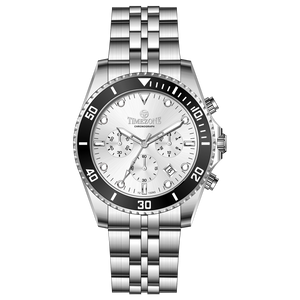 A silver stainless steel chronograph watch with a silver band and a silver case. The watch has a analog-digital display and multiple sub-dials. A branded Timezone Watches stainless steel watch with a silver dial, rose gold hands and a date display. Discover timezone watches: elegant branded wrist watch for men in pakistan.