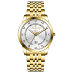 Branded wrist watch for men in pakistan. A gold-colored stainless steel Evertime Pulse watch with a white dial and diamond-like embellishments, displayed against a plain background.