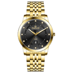 Branded wrist watch for men in pakistan. A gold-colored stainless steel Evertime Pulse watch with a black dial and diamond-like embellishments, displayed against a plain background.