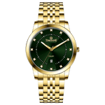 Branded wrist watch for men in pakistan. A gold-colored stainless steel Evertime Pulse watch with a green dial and diamond-like embellishments, displayed against a plain background.