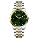 Branded wrist watch for men in pakistan. A two-tone stainless steel Evertime Aura watch with a silver dial, gold casing, and a date display, accompanied by a link strap.