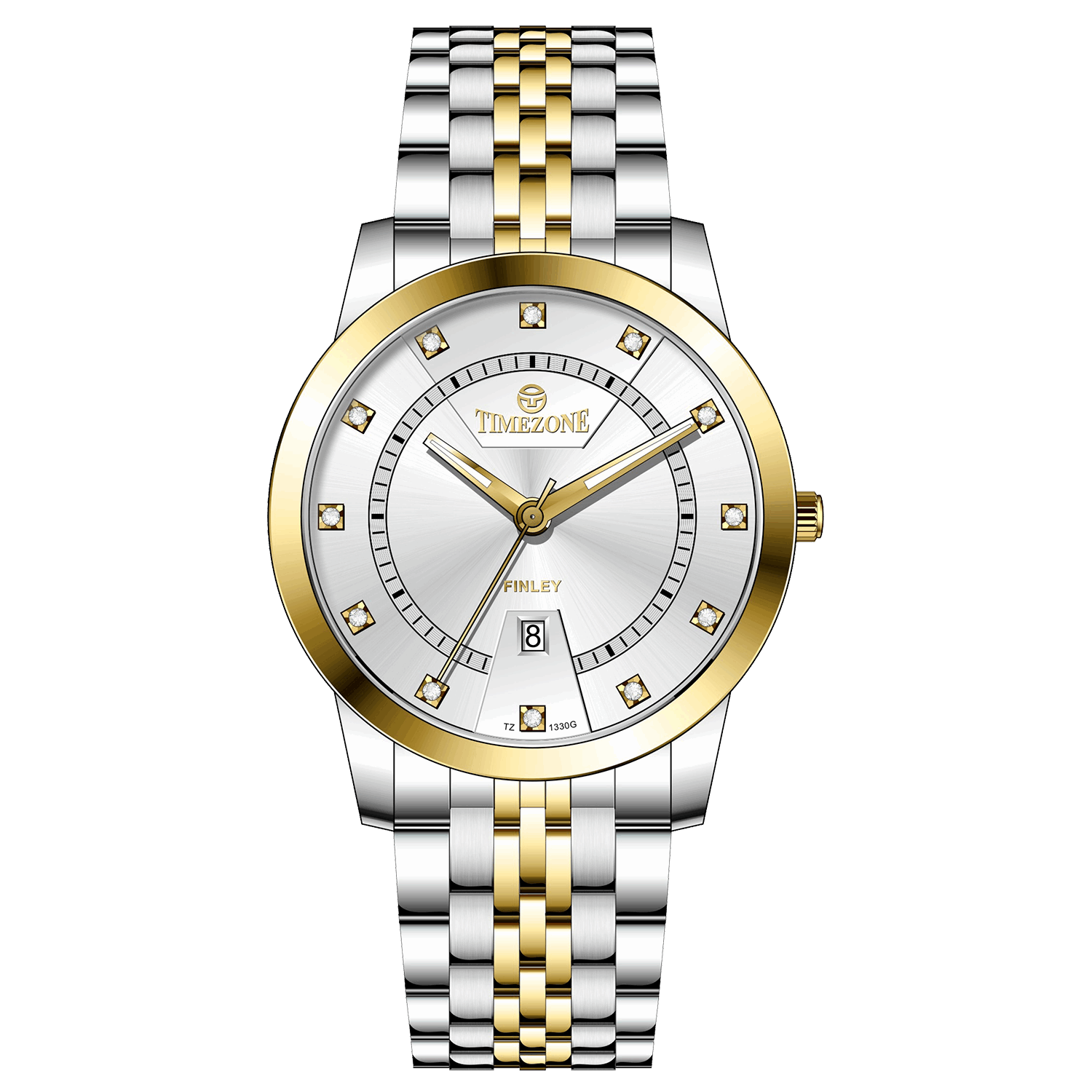 Branded wrist watch for men in pakistan. A two-tone stainless steel Evertime Aura watch with a silver dial, gold casing, and a date display, accompanied by a link strap.
