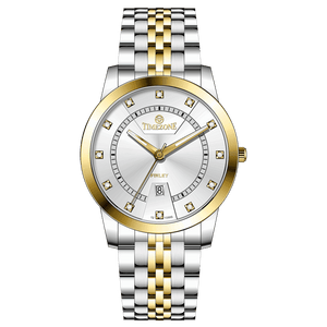 Branded wrist watch for men in pakistan. A two-tone stainless steel Evertime Aura watch with a silver dial, gold casing, and a date display, accompanied by a link strap.