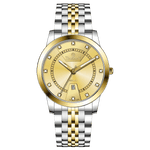 Branded wrist watch for men in pakistan. A two-tone stainless steel Evertime Aura watch with a silver dial, gold casing, and a date display, accompanied by a link strap.