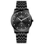 Branded wrist watch for men in pakistan. A black analog watch with a stainless steel band and a dial adorned with markers and a date display, branded 'TIMEZONE'.