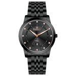 Branded wrist watch for men in pakistan. A black analog watch with a stainless steel band and a dial adorned with markers and a date display, branded 'TIMEZONE'.