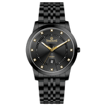 Branded wrist watch for men in pakistan. A black analog watch with a stainless steel band and a dial adorned with markers and a date display, branded 'TIMEZONE'.
