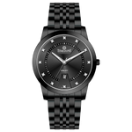Branded wrist watch for men in pakistan. A black analog watch with a stainless steel band and a dial adorned with markers and a date display, branded 'TIMEZONE'.