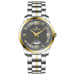 A stainless steel TimeZones watch with a silver dial, gold hands, and a stainless steel band. Discover timezone watches: elegant branded wrist watches for men in pakistan.