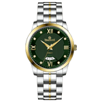 A stainless steel TimeZone watch with a silver dial, gold hands, and a stainless steel band. Discover timezone watches: elegant branded wrist watches for men in pakistan.
