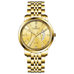 A Timezone branded watch with a stainless steel band and a gold-tone case featuring a white dial with black hands and markers. Discover timezone watches: elegant branded wrist watches for men in pakistan.