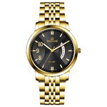 A branded watch with a stainless steel band and a gold-tone case featuring a dial with black hands and markers. Discover timezone watches: elegant branded wrist watches for men in pakistan.