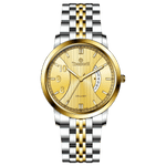 A Timezone watch with a stainless steel band and a silver dial featuring gold accents and markers. Discover timezone watches: elegant branded wrist watches for men in pakistan.
