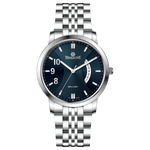 A silver TIMEZONE watch with a stainless steel band and dial surrounded by a silver case and a silver chain. Discover timezone watches: elegant branded wrist watches for men in pakistan.
