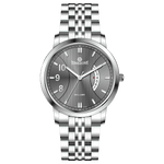 A silver TIMEZONE watch with a stainless steel band and pearl dial surrounded by a silver case and a silver chain. Discover timezone watches: elegant branded wrist watches for men in pakistan.