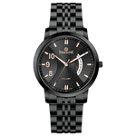 A TIMEZONE watch with a stainless steel band and a black dial featuring white hour markers and a date display. Discover timezone watches: elegant branded wrist watches for men in pakistan.