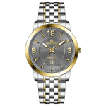 A silver stainless steel Timezone watch with a gold-tone band and dial, featuring a Japanese quartz movement and a date display.