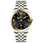 A silver stainless steel Timezone watch with a gold-tone band and dial, featuring a Japanese quartz movement and a date display.