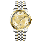 A silver stainless steel Timezone watch with a gold-tone band and dial, featuring a Japanese quartz movement and a date display.
