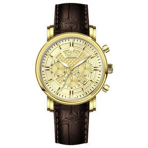 Branded wrist watch for men in pakistan. A gold-colored round dial watch with a brown leather band, featuring a chronograph movement and a date function.