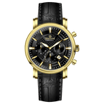 Branded wrist watch for men in pakistan. A gold-colored round dial watch with a brown leather band, featuring a chronograph movement and a date function.