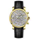 Branded wrist watch for men in pakistan. A gold-colored round dial watch with a brown leather band, featuring a chronograph movement and a date function.