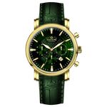 Branded wrist watch for men in pakistan. A gold-colored round dial watch with a leather band, featuring a chronograph movement and a date function.
