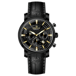 Branded wrist watch for men in pakistan. A black analog watch with a leather band, chronograph features, and a date display.