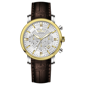 Branded wrist watch for men in pakistan.  A stylish men's watch with a gold case, silver dial, and a brown leather strap.