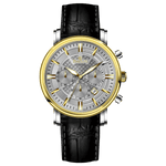 Branded wrist watch for men in pakistan. A stylish men's watch with a gold case, silver dial, and a leather strap.