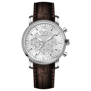 Branded wrist watch for men in pakistan. A silver-colored round analog watch with a brown leather strap and a chronograph function, displayed against a plain background.