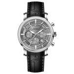 Branded wrist watch for men in pakistan. A silver-colored round analog watch with a leather strap and a chronograph function, displayed against a plain background.